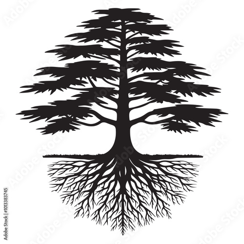 Cedar Tree Vector illustration in black and white - Cedar Plant Silhouette Design
