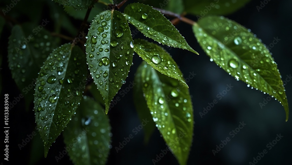 Close-up of green leaves with water droplets on a dark background. Close-up of green leaves with water droplets on a dark background.