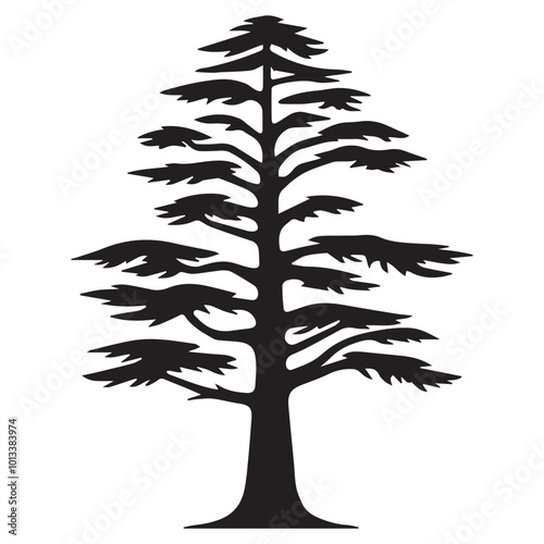 Cedar Tree Vector illustration in black and white - Cedar Plant Silhouette Design
