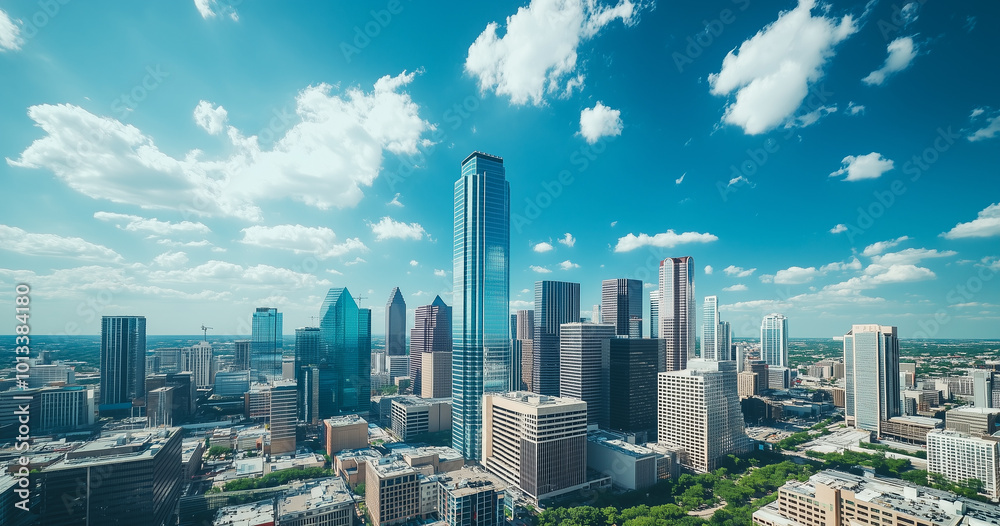 Fototapeta premium Aerial View of City Skyline and Skyscrapers Under Blue Sky and White Clouds