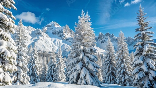 Snow-covered trees in a winter forest, set against majestic mountains under a clear blue sky