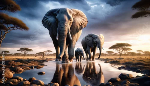 Obraz Manada de elefantes caminando hacia un arroyo en la sabana, reflejados en el agua al amanecer.