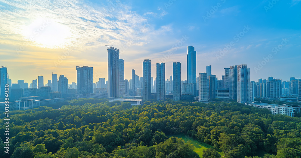 Fototapeta premium Aerial View of City Skyline and Skyscrapers Under Blue Sky and White Clouds