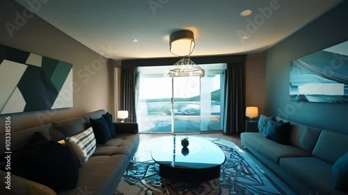 Camera movement and effects: a 360-degree video of a modern living room with rim light, establishing scene