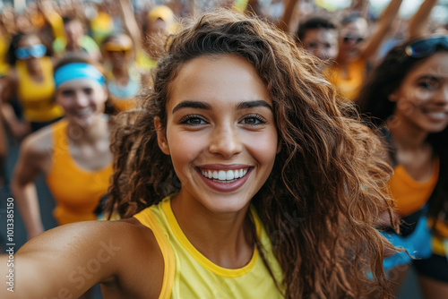 Smiling Woman at Outdoor Fitness Event in the Morning