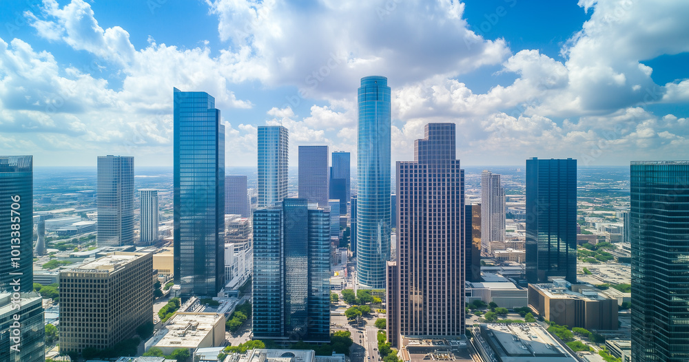 Fototapeta premium Aerial View of City Skyline and Skyscrapers Under Blue Sky and White Clouds