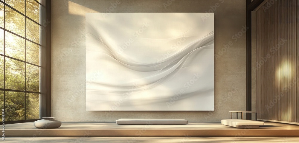 A zen-inspired meditation room, with a large canvas of calming, fluid artwork hung on the wall. 