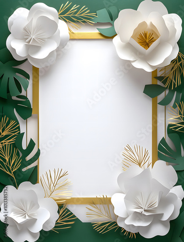 3D white frame with green and gold decoration, with paper flowers, 20K resolution, white background design, golden elements, emerald accents, elegant style design, high detail design,