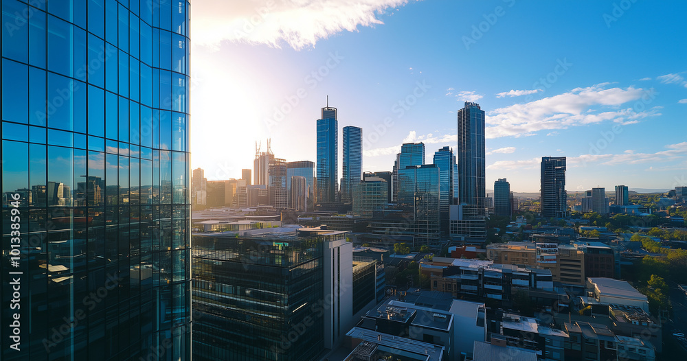 Obraz premium Aerial View of City Skyline and Skyscrapers Under Blue Sky and White Clouds
