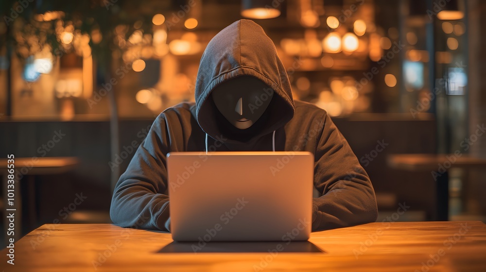 hooded figure using laptop in dark cafe hooded figure using laptop in dark cafe