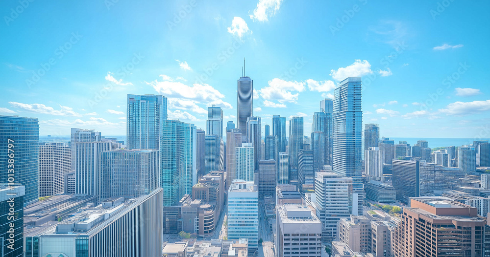 Obraz premium Aerial View of City Skyline and Skyscrapers Under Blue Sky and White Clouds