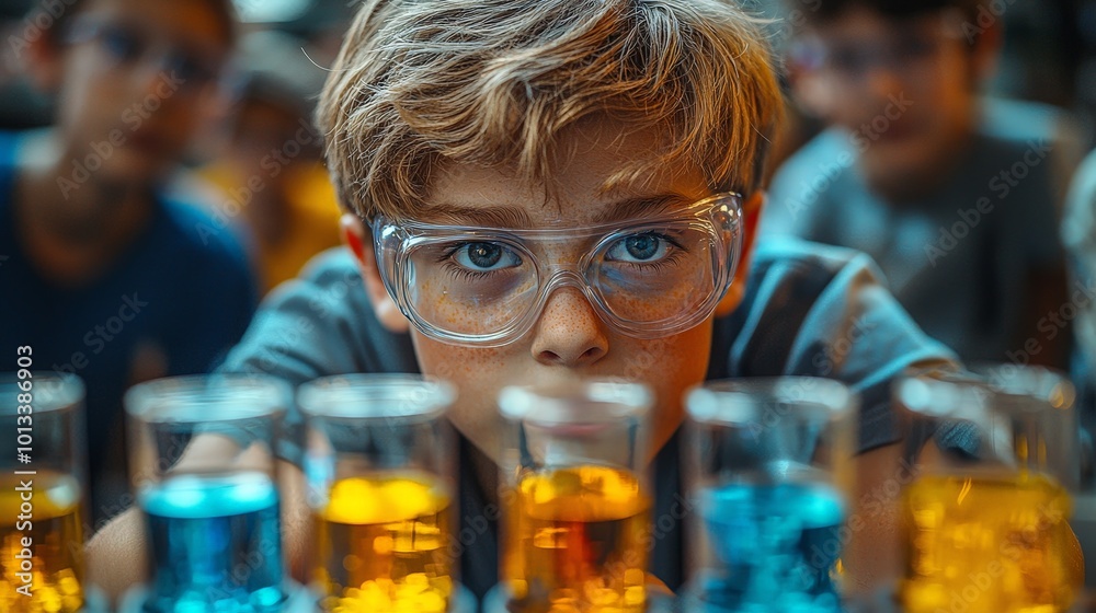 A focused child in safety goggles observes colorful liquids in laboratory beakers. A focused child in safety goggles observes colorful liquids in laboratory beakers.