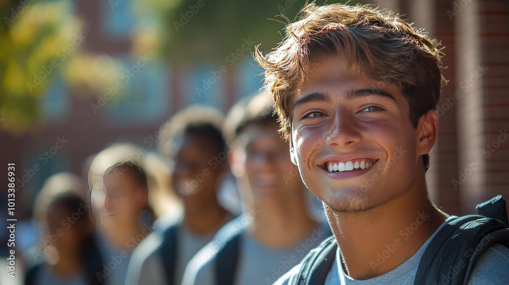 a handsome young male student in a group of students walking with a laugh on his face into his new university on a hot september day. a handsome young male student in a group of students walking with a laugh on his face into his new university on a hot september day.