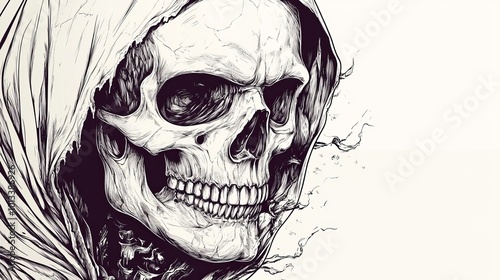 Tattoo-Ready Reaper: Hand-Drawn Flash Tattoo with Detailed Skull Face

