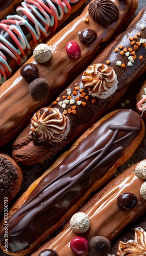 Close up of irresistible choux pastry clairs with chocolate glaze and colorful icing details