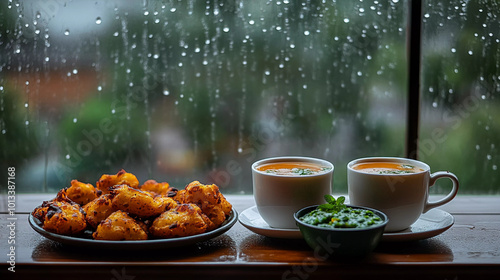 Chai pakoda on rainy window background