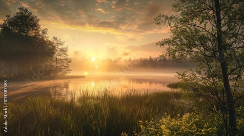 A serene sunrise over tranquil landscapes nature awakens with soft colors and gentle light