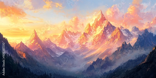 A stunning sunset illuminates a majestic mountain range with snow-capped peaks.