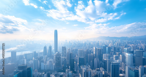 Aerial View of City Skyline and Skyscrapers Under Blue Sky and White Clouds