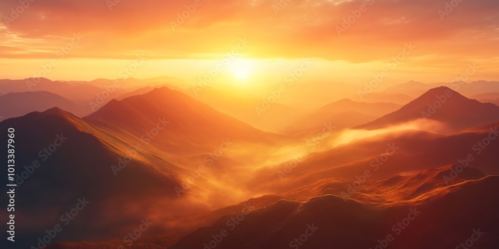 Fototapeta premium A stunning sunset illuminates the majestic mountains with rays of warm light, casting long shadows on the valley below.