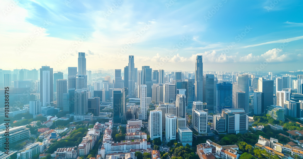 Naklejka premium Aerial View of City Skyline and Skyscrapers Under Blue Sky and White Clouds