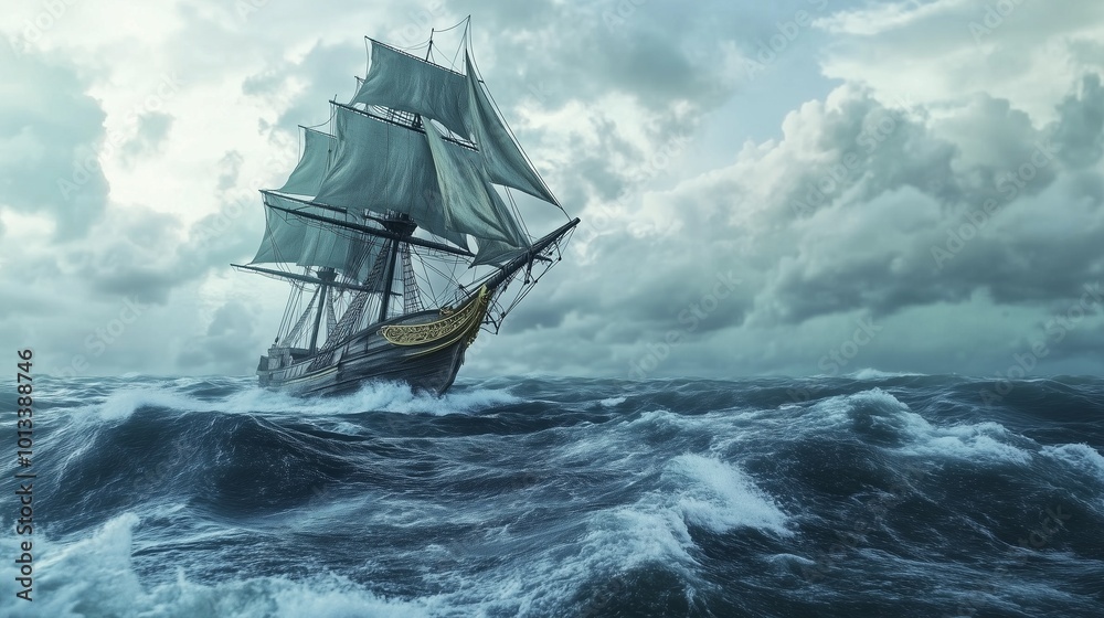 Big ship in ocean with blue sky and clouds Big ship in ocean with blue sky and clouds