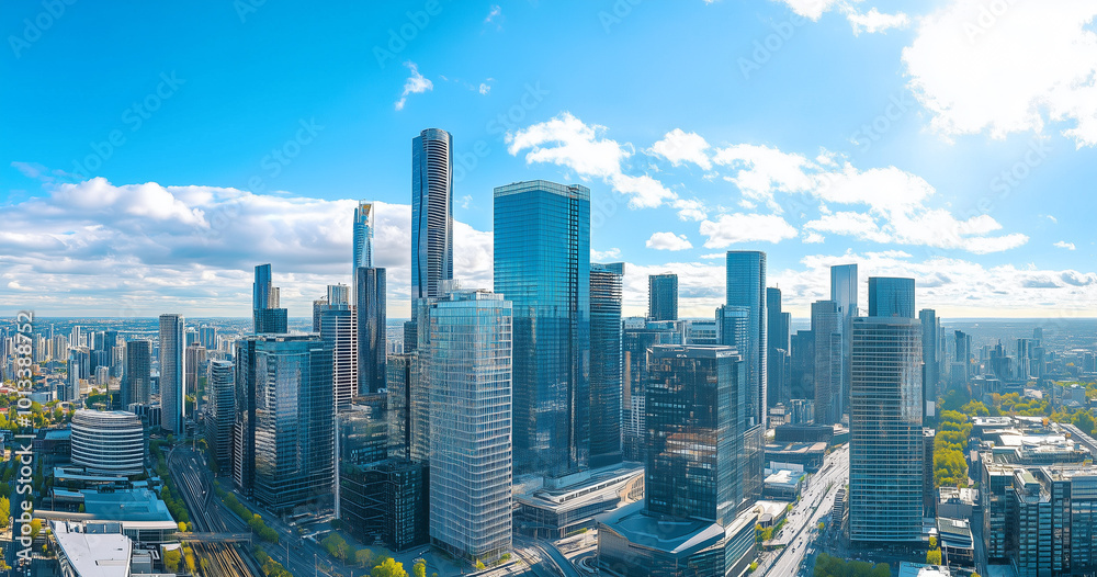 Fototapeta premium Aerial View of City Skyline and Skyscrapers Under Blue Sky and White Clouds