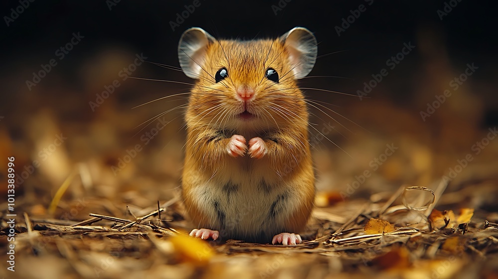 A cute brown mouse with big ears and a white belly sits in a forest setting. A cute brown mouse with big ears and a white belly sits in a forest setting.