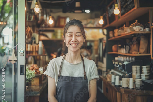 Young asian business woman smiling in her coffee shop