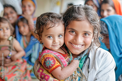 Doctor smiling and holding baby surrounded by women and children