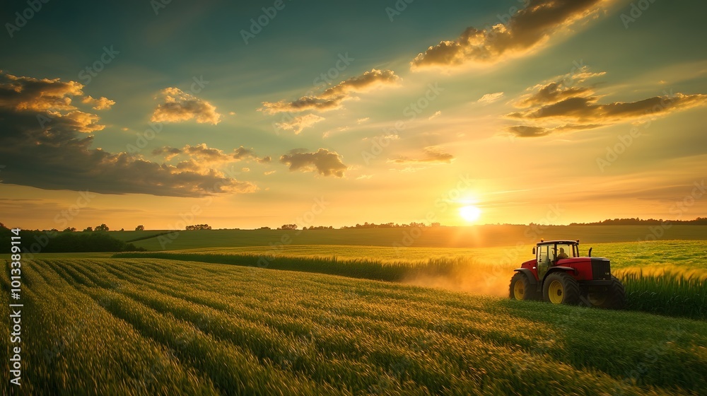 Fototapeta premium Scenic sunset over a rural farm field with a tractor