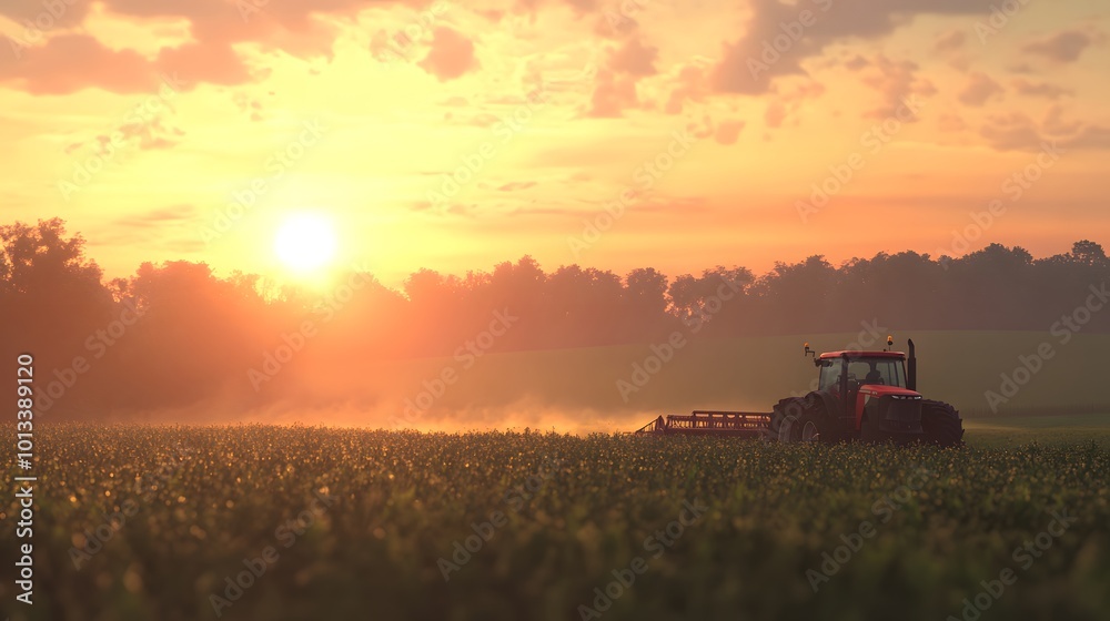 Fototapeta premium Tractor working in field at sunset