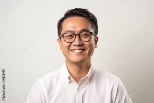 Portrait of a happy young asian man in eyeglasses on grey background