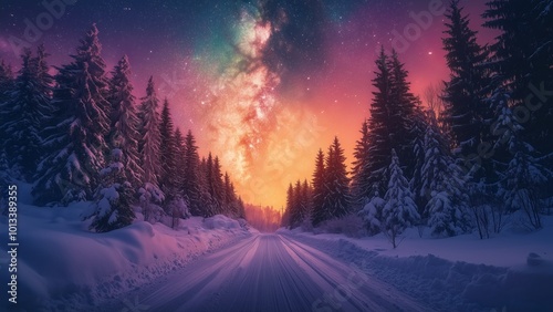 A serene winter sunset over snowy mountains and a forest, with frost-covered trees and a peaceful road 