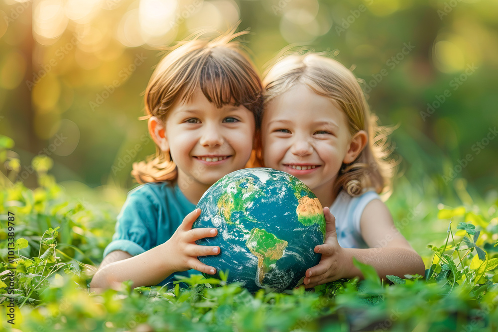 Two smiling children holding globe lying on grass in park Two smiling children holding globe lying on grass in park