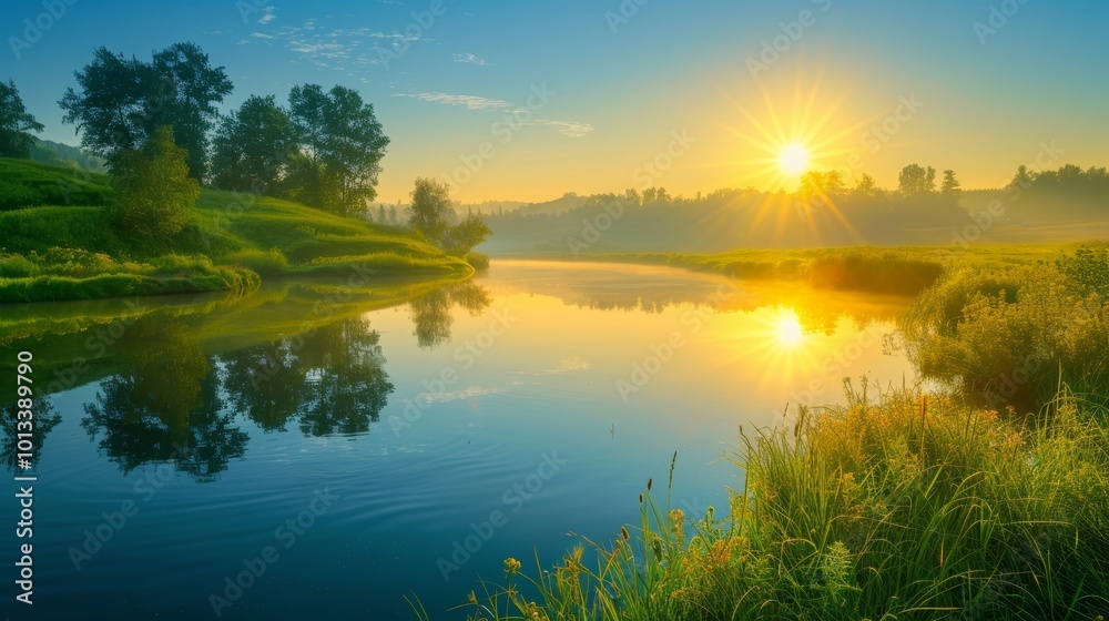 Obraz premium Serene sunrise over a tranquil landscape with gentle hills and lush greenery for a fresh start