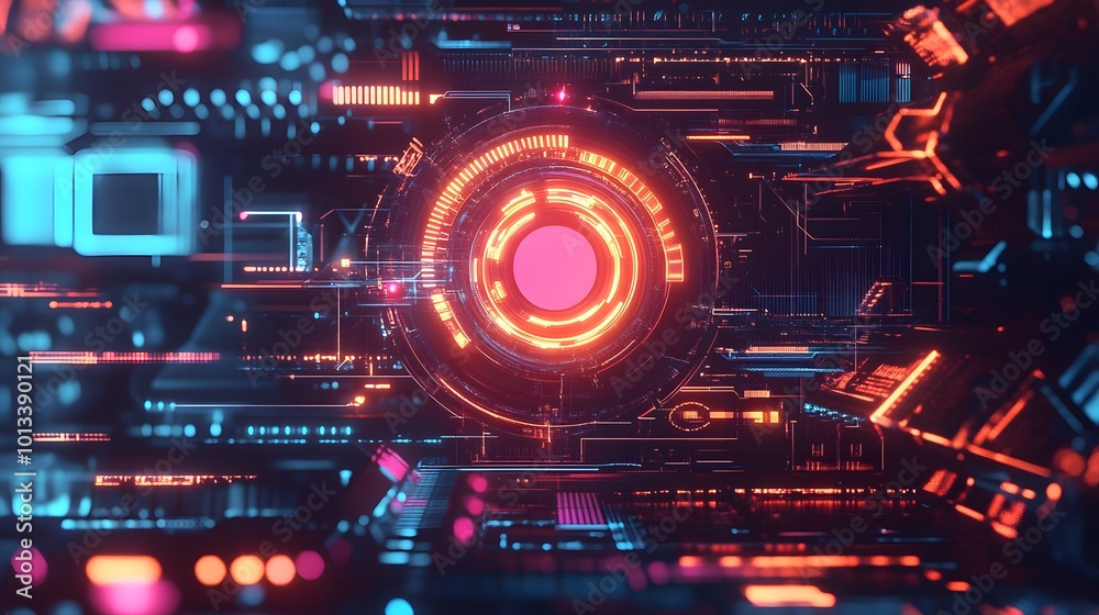 A computer generated image of a glowing, neon colored circle. The circle is surrounded by a variety of other shapes and colors, creating a futuristic and otherworldly atmosphere A computer generated image of a glowing, neon colored circle. The circle is surrounded by a variety of other shapes and colors, creating a futuristic and otherworldly atmosphere