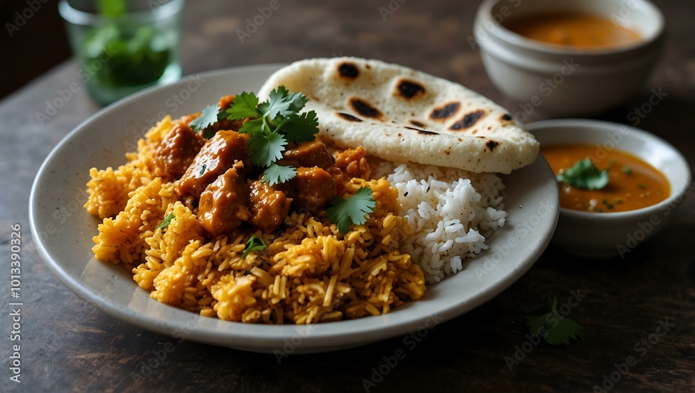 Comforting plate of rice, naan, and curry garnished with cilantro. Comforting plate of rice, naan, and curry garnished with cilantro.