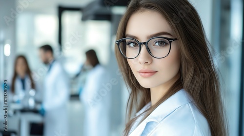 Portrait a beautiful young woman wearing a white coat and glasses in a modern Medical Science Laboratory with a team of specialists in the background. Portrait of a confident scientist working.