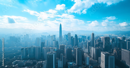 Aerial View of City Skyline and Skyscrapers Under Blue Sky and White Clouds