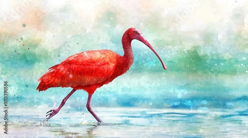 A tropical watercolor splash art of a scarlet ibis walking through shallow waters, its bright red feathers standing out against the background soft blues and greens