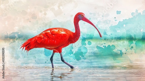 A tropical watercolor splash art of a scarlet ibis walking through shallow waters, its bright red feathers standing out against the background soft blues and greens