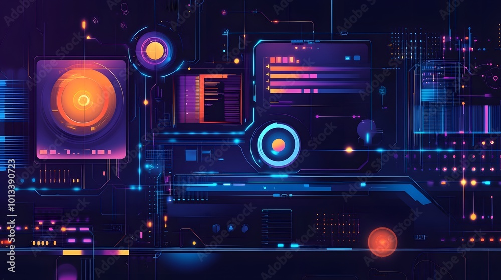 A colorful, futuristic cityscape with a glowing train in the middle. The train is surrounded by a variety of electronic devices and lights, giving the impression of a bustling, high-tech metropolis A colorful, futuristic cityscape with a glowing train in the middle. The train is surrounded by a variety of electronic devices and lights, giving the impression of a bustling, high-tech metropolis