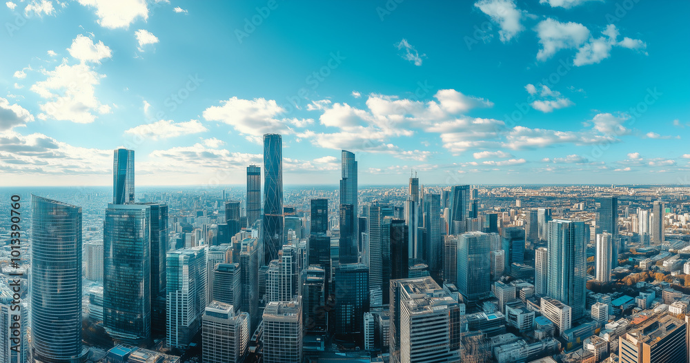 Fototapeta premium Aerial View of City Skyline and Skyscrapers Under Blue Sky and White Clouds