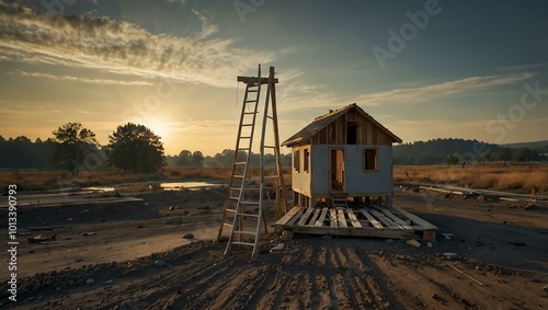 Construction halted; a ladder stands at an incomplete home site.