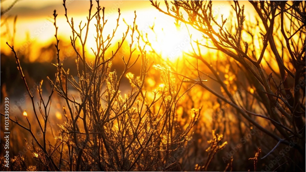 A vibrant sunset casts orange and yellow hues over dry grass and branches, creating a serene evening landscape,The sun sets behind dry grass and shrubs A vibrant sunset casts orange and yellow hues over dry grass and branches, creating a serene evening landscape,The sun sets behind dry grass and shrubs