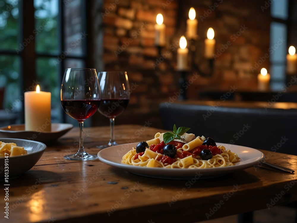 Cozy dining arrangement with red wine, candles, and a pasta plate in a rustic restaurant. Cozy dining arrangement with red wine, candles, and a pasta plate in a rustic restaurant.