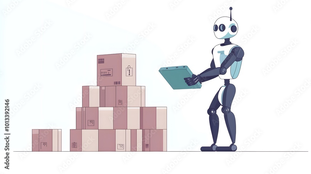 A robot is standing in front of a stack of boxes and holding a piece of paper. The robot appears to be working or organizing the boxes. Concept of efficiency and productivity A robot is standing in front of a stack of boxes and holding a piece of paper. The robot appears to be working or organizing the boxes. Concept of efficiency and productivity