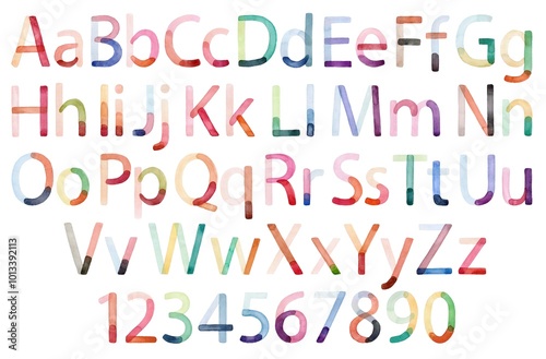 Handcrafted colorful watercolor alphabet and numbers set. Vibrant, artistic letters and digits perfect for creative designs, educational projects, invitations, posters, and playful typography.