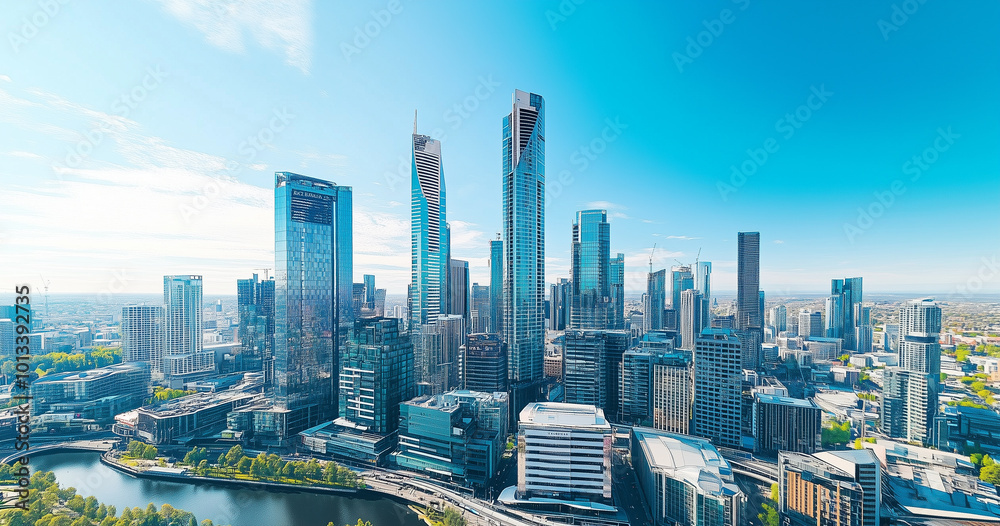 Obraz premium Aerial View of City Skyline and Skyscrapers Under Blue Sky and White Clouds